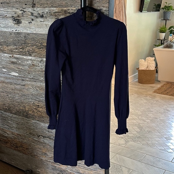 CECE Women's Long Sleeve Smock Cuff Mock Neck Sweater Dress in Navy - Picture 3 of 10